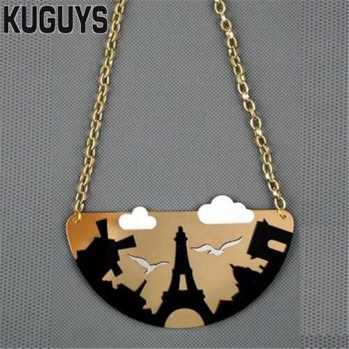 KUGUYS Rock HipHop Necklace for Women Fashion Mans Eiffel Tower Large Pendant Necklaces Gold Link Chain DJ DS Accessories