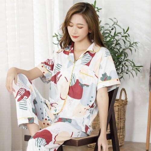 Flowers Style Sleepwear Set Womens Pajamas Cotton Short Sleeve Ladies Pijama Sets Homewear Young Girl Lounge Wear Pyjamas Pant
