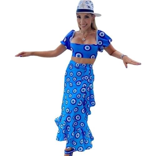 Blue Printed Women Dresses Summer 2021 Holiday Two Piece Outfits Midi Skirts And Crop Top Elegant Sweet Girl Party Vestidos