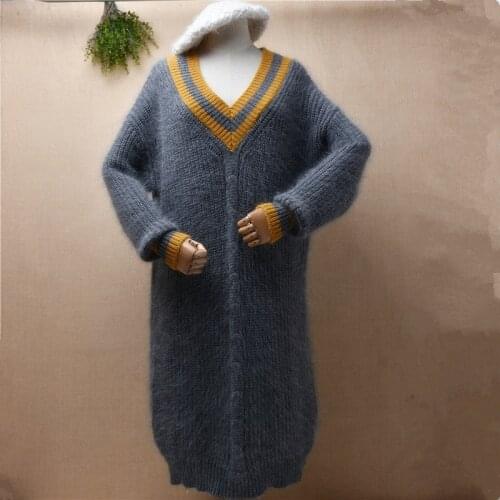 Female women winter thick warm angora rabbit hair knitwear long sleeves v-neck loose pullover long outwear sweater dress pull