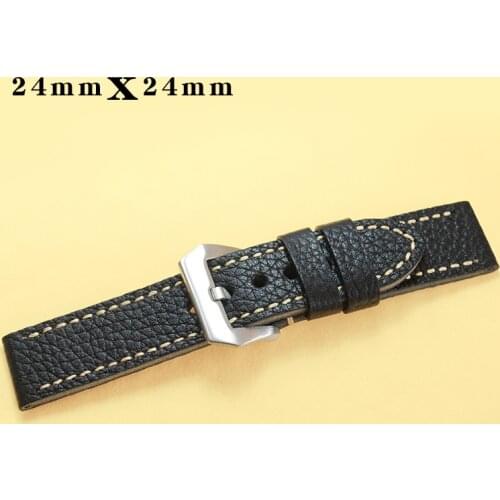 24mm Black Vintage Genuine Leather Watch bands Double -leather Make Watch Strap For Fossil Watch
