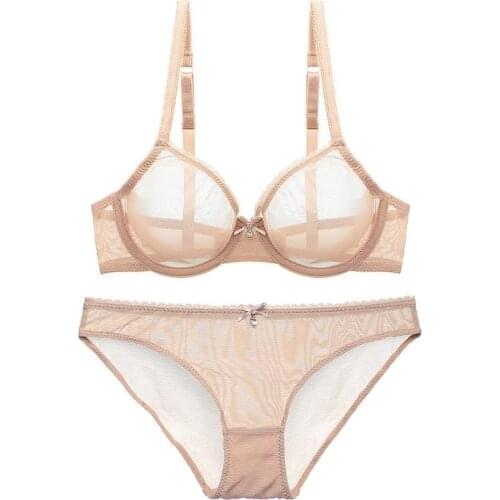 Ultra-thin cup mesh lace underwear transparent unlined 1 bra+2 panties bra set for ladies