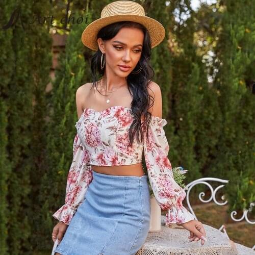 Summer Spring Sexy Fresh Flower Shirt Floral T-Shirts Women Ladies Tops Slim Strapless Backless Long Puff Sleeve Female Pullover