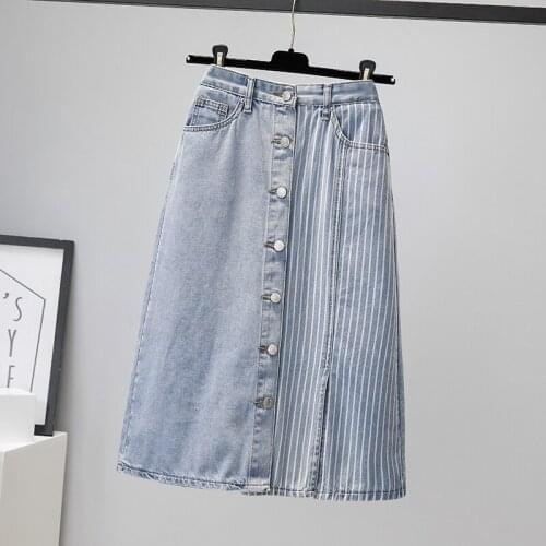 Casual Striped Splicing Denim Skirts Women Plus Size Summer Mid-Length Vintage Ladies High Waist Split fork Jean Skirt 4XL G1153