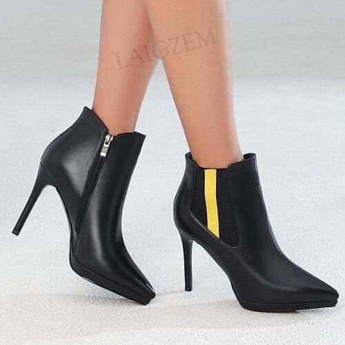 LAIGZEM Quality Women Ankle Boots Side Zip Real Leather Thin Heels Booties Black Beige Ladies Shoes Woman Big Size 33 38 39 41