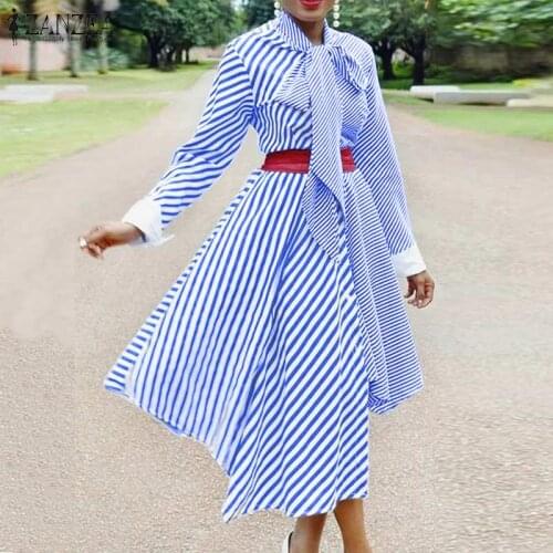 Striped Sundress Women Casual Long Sleeve Printed Maxi Dress ZANZEA Elegant Asymmetric Hem Vestido Stylish Autumn Patchwork Robe