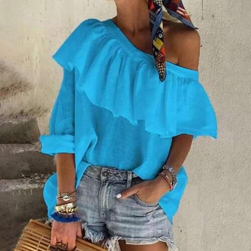 2021 Summer European and American womens sexy oblique shoulder Tops Ruffles Off Shoulder Solid Color blouse women streetwear
