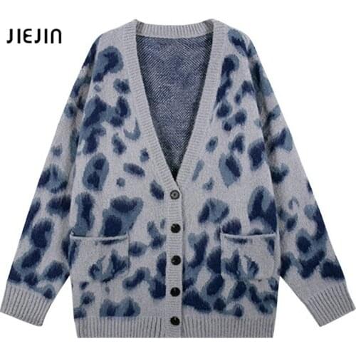 Blue Leopard Print Knitted Cardigan Women Winter New Vintage Warm Sweater Chic Lantern Sleeve V-Neck Buttons Female Outerwear
