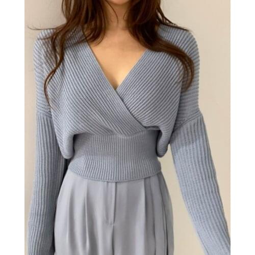 Korean Chic Early Autumn New Style Lazy Wind Loose Cross V-Neck Design Sense Waist Knit Sweater Women