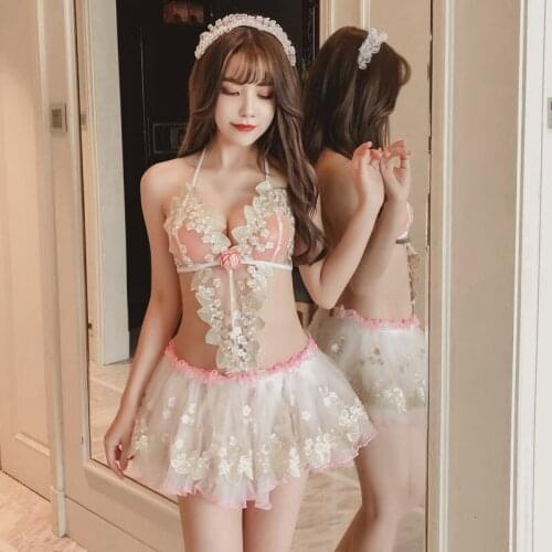Women Lace Halter Sexy Lingerie Erotic Cosplay Bride Wedding Uniform Kawaii See Through Princess Flower Dress Pajama Suit