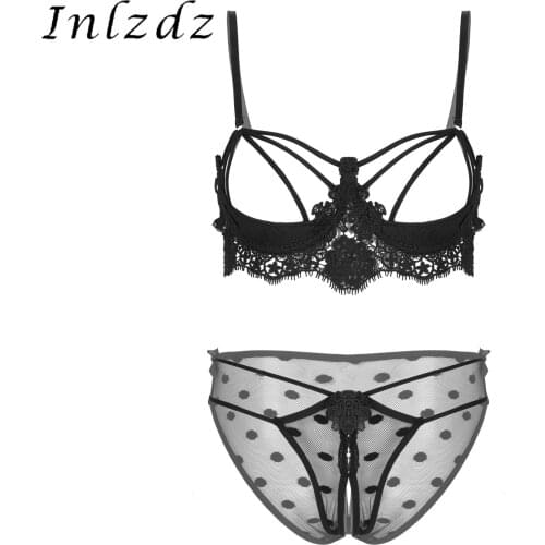 Womens Lingerie Sexy Open Cup Bra Crotchless Panties Set Lace Embroidered Erotic Push Up Underwire Strappy Bra Underwear Set