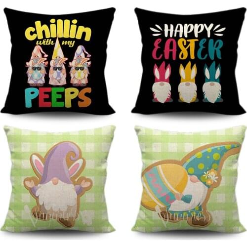 4PC Gnome Rabbit Goblin Eggs Printing Linen Easter Pillow Case Sofa Home Decor