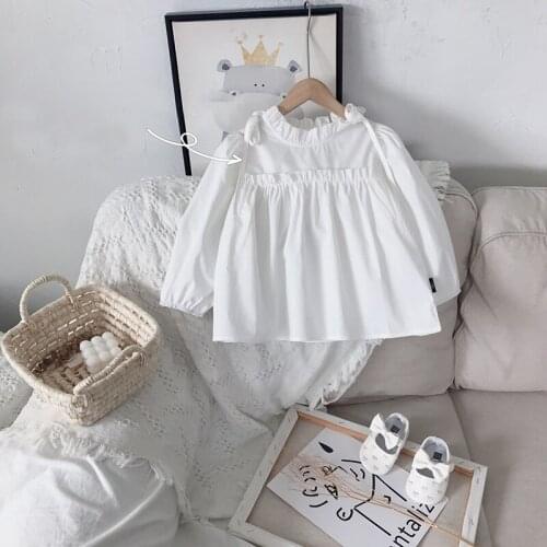 2-7 Years Old Baby Girl White Blouses Kids Wedding Solid Shirts Casual Autumn Fall Clothes Childrens Spring Pleated Clothing