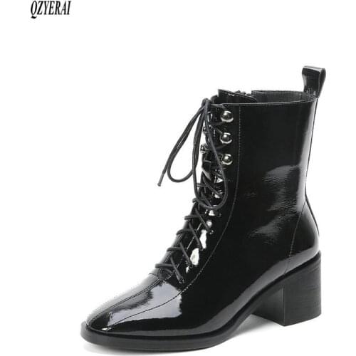 Black Genuine leather women boots Female boots Riding boots fashion lace-up Autumn winter Womens shoes Size 34-41