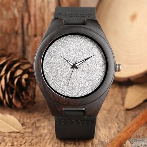 Handmade Silver Dial Nature Wood Clock Mens Bamboo Quartz Analog Wrist Watch Black Genuine Leather Strap Wooden Round Case Gift