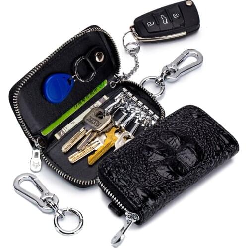Genuine Leather Car Key Card Holder Case Men Zipper Crocodile Pattern Key Bag Wallet Waist Hanging Home Multi-function Key Case