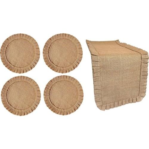 Rustic Farmhouse Burlap Set. Natural Jute. Ruffled Design(1 Table Runner in 72 in Long + 4 Placemats in 15 in Diameter)