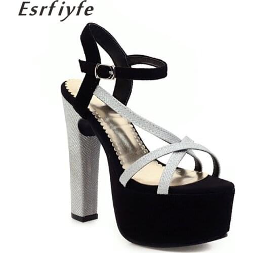 ESRFIYFE 2021 New Womens Peep Toe Platfrom Cross-tied Super High Heel 14CM Black Party Dress Sandals Sexy Platform Shoes Woman