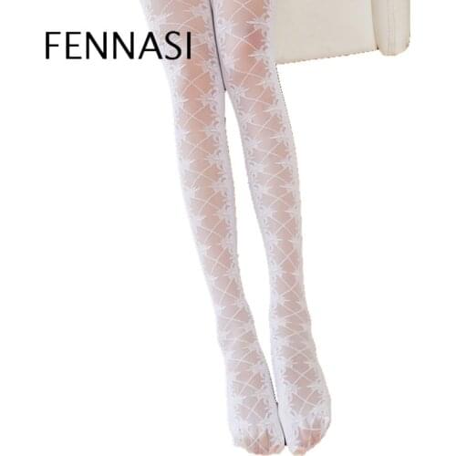 FENNASI Thin White Print Lolita Tights For Women Lace Cross Lace Tights Spring Autumn Cute Retro Polyester Pantyhose
