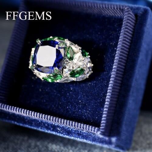FFGEMS 100% Sterling 925 Silver big rings Aquamarine Blue sapphire Gemstone Fine Jewelry for Women Wedding Party Gift 2020 box