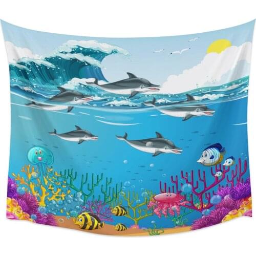 Cartoon Ocean Dolphin Fish Waves Wall Tapestry Cover Beach Towel Picnic Yoga Mat Home Decoration