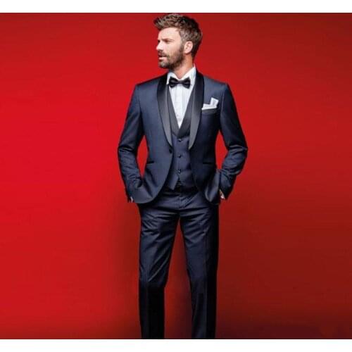 Classy Navy Blue Wedding Tuxedos Slim Fit Suits For Men Groomsmen Suit Three Pieces Cheap Prom Formal Suits (Jacket +Pants+Vest)