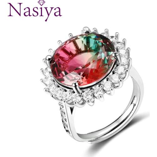Fashion Jewelry AAAAA Zircon Gemstone Ring Large Round 15MM Color Tourmaline Adjustable Ring Female Engagement Wedding Party