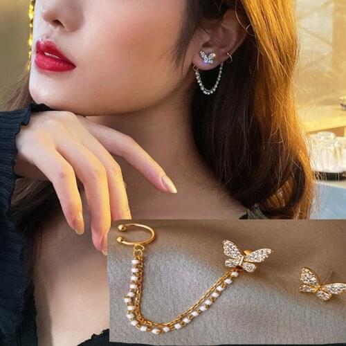 Fashion Cold and Handsome Super Fairy Butterfly Chain Diamond Crescent Sun One-piece Earrings Ear Bone Clip One-piece Earrings