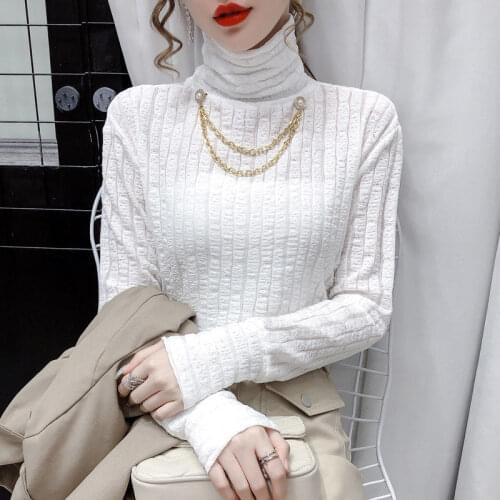 2021 autumn and winter new high-neck bottoming shirt womens inner slim t shirt lace long-sleeved T-shirt