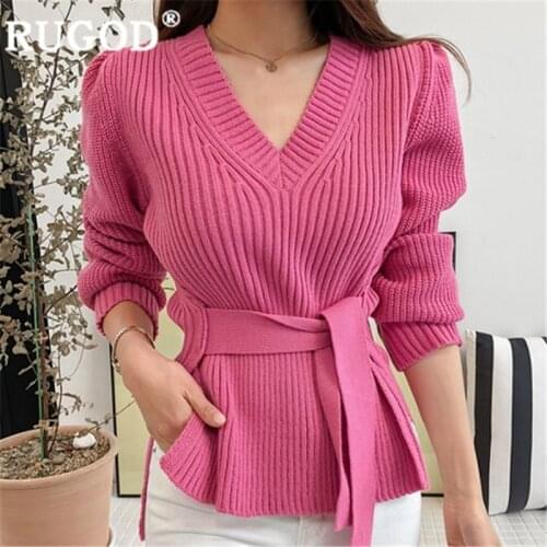 Womens sweater autumn2020 korean style v-neck bandage knitted sweaters temperament long sleeve slim waist Casual Pullovers Top