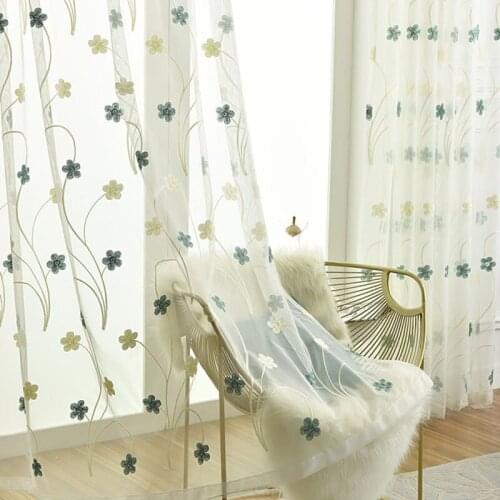 Pastoral Pink White Embroidered Flowers Tulle Voile Curtains for Bedroom Blue Sheer for Living Room Kitchen Window Treatments