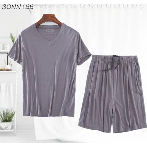 Pajama Set Men Solid V-neck Modal Soft Comfortable Sleepwear Summer Short Sleeve and Shorts Loose Plus Size 4XL Home Night Suits