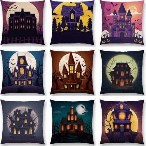 Happy Halloween Scary Night Haunted House Vampire Castle Full Moon Bat Pumpkin Dark Colorful Cushion Cover Nice Pillow Case