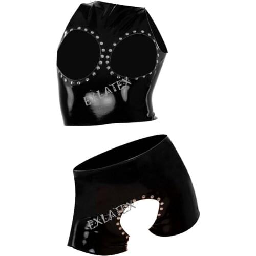 Sexy Lingerie Black Erotic Underwear Latex Cupless Top Bras with Crotchless Brief Panty with Rivets Lingerie Sexy Hot Erotic