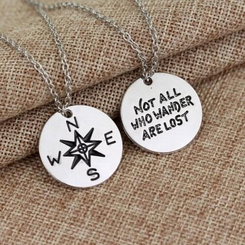 Dongsheng Inspirational Compass Necklace Not All Who Wander Are Lost Pendant lovers Necklaces Wanderlust Handstamp Jewelry