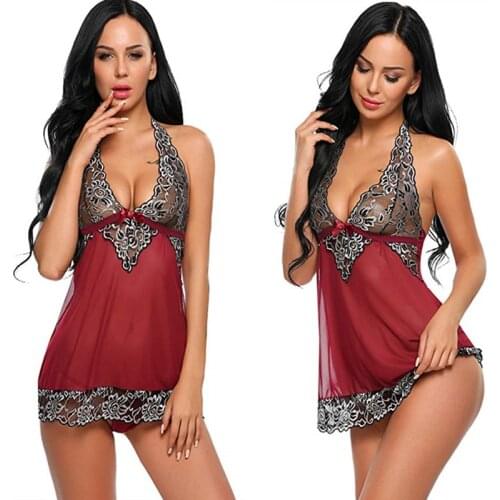 Women Nightdress Sexy Lingerie Lace Satin Silk Sleepwear Halter Nightwear Babydoll See Through Nightgown Erotic Underwear