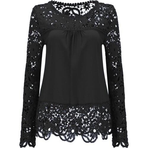 Singwing Women hollow out chiffon Lace Women Blouse Summer long-sleeved shirt Solid Color O-neck Casual Blouse shirts Tops
