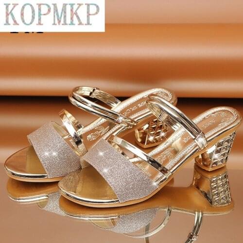 2020 Gold Women Pumps Sandals Summer Open Toe High Heels Low Block Heel Shoes Gladiator Ankle Strap High Gladiator Women Sandals