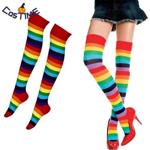 Womens Rainbow Striped Thigh High Stockings Christmas Carnival Colorful Over The Knee Extra Long Socks 80s Dress Accessories