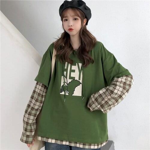 Women Sweatshirts Spring Autumn 2021 Casual Loose Hoodies Chic Ins Slim BF Oversized All-match Fake Two-piece Plaid Coats Female