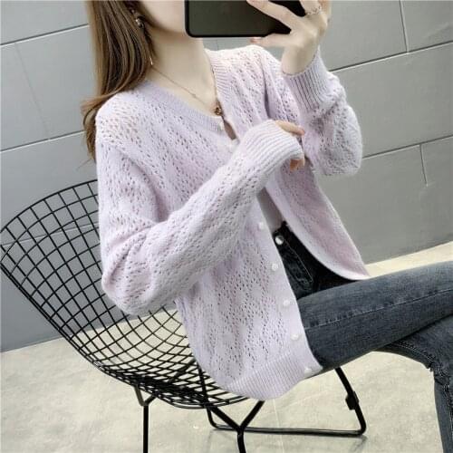 2021 female sweater autumn and winter long-sleeved knitted cardigan womens hollow jacket o neck long sleeve