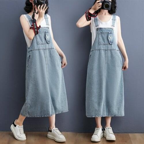 Summer Plus Size Jeans Dress Women Suspenders Denim Dresses Female Overalls 2021 Korean Casual Long Sundress Robe Femme