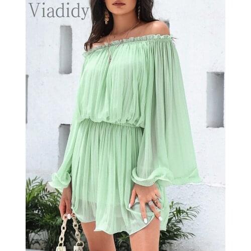 Women Casual Slash Neck Butterfly Sleeves Draped Chiffon Dress