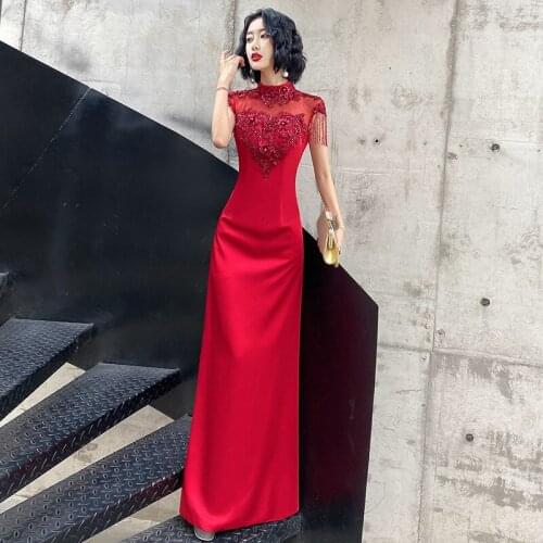 Burgundy Women Sexy Queen Banquet Dresses Exquisite Sequins Mermaid Evening Party Dress Tassel Floor Length Qipao Robe De Soiree
