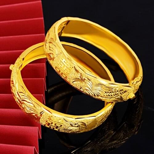 Double 24K Yellow Gold Bracelet For Women Happiness Dragon Phoenix Bracelets Hand Chain Bride Wedding Fine Jewelry Gifts