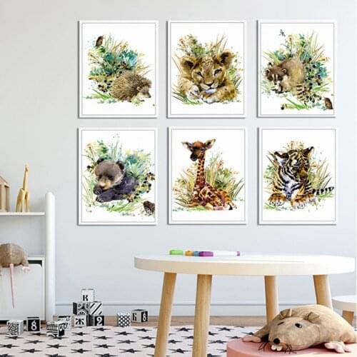 Watercolor Small Animals Hanging Painting Children Cartoon Wild Animal Bedroom Living Room Canvas Painting Tiger Fox Wolf