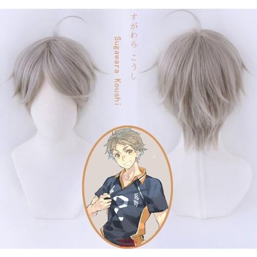 Anime Haikyuu!! Sugawara Koshi Cosplay Short Brown Wig Heat-resistant Fiber Hair + Free Wig Cap Halloween Party Cosplay Adults