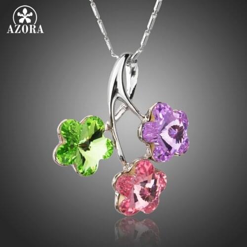 AZORA Green and Pink and Purple Austrian Crystals Pendant Necklace Flower Pendant with Long Chain Necklace for Women Gift TN0220