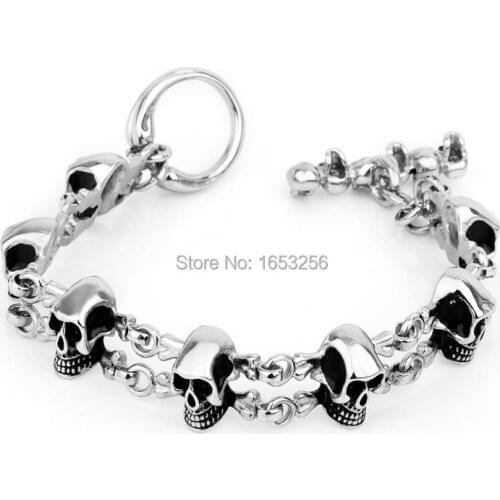 16mm 8.26 inch Vintage Best Quality Casting Stainless Steel Bracelet Gothic Biker Skull Link Chain Bracelet For Mens Jewelry