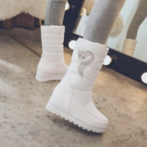 CEVABULE Printed Down Cloth Slope Heel Short Thick Fur Snow Boots Combat Boots for Women White Chunky High Heel Boots TYX